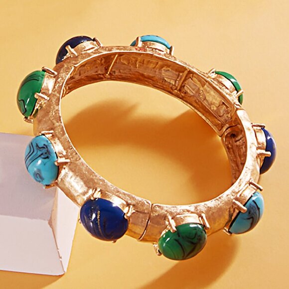 Byzantine Inspired Stone Gold Dipped Stretch Cuff Bangle Bracelets SET of 2 - Picture 3 of 11